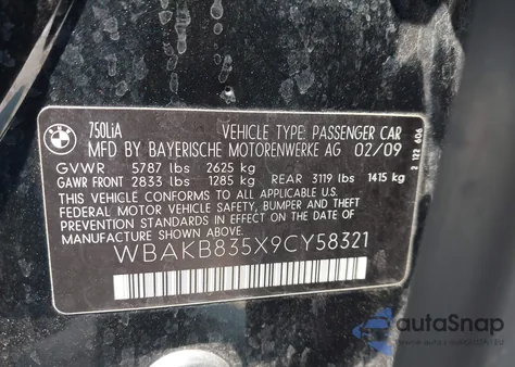 2009 BMW 750Li из США, поврежденный, VIN WBAKB835X9CY58321